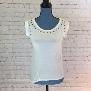 Lovely 153 White Tee Asymmetrical Hem & Lace Back Panel Cap Sleeve Medium
